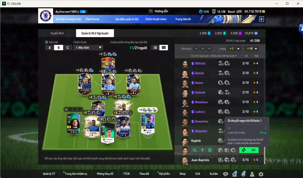 Ảnh Chelsea 1.607.620b có Desailly ITM+5, Makélélé ITM+5, K. De Bruyne WS, Drogba JNM, Hazard WS, Gullit CH, Pedro WS, Rudiger 25TY, Lampard DC... Đã dào tạo chỉ số nhiều cầu thủ