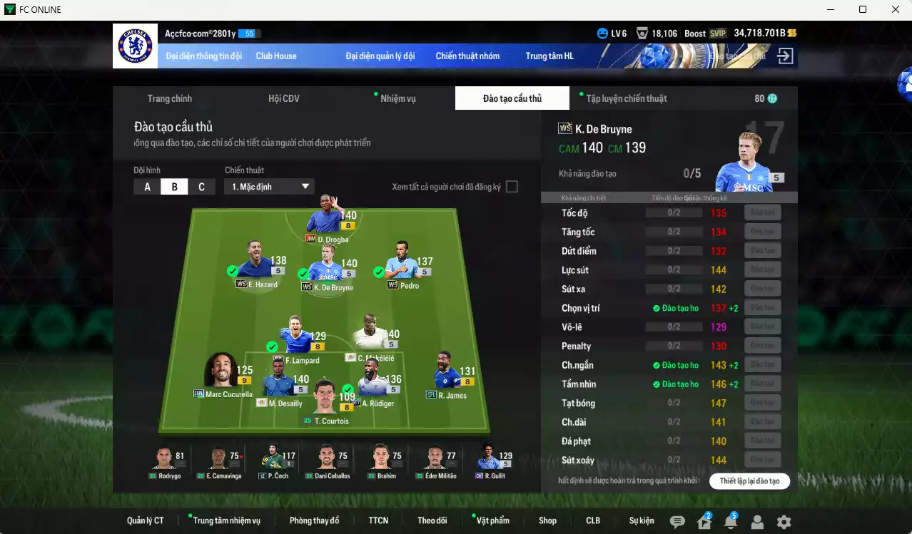 Ảnh Chelsea 1.607.620b có Desailly ITM+5, Makélélé ITM+5, K. De Bruyne WS, Drogba JNM, Hazard WS, Gullit CH, Pedro WS, Rudiger 25TY, Lampard DC... Đã dào tạo chỉ số nhiều cầu thủ