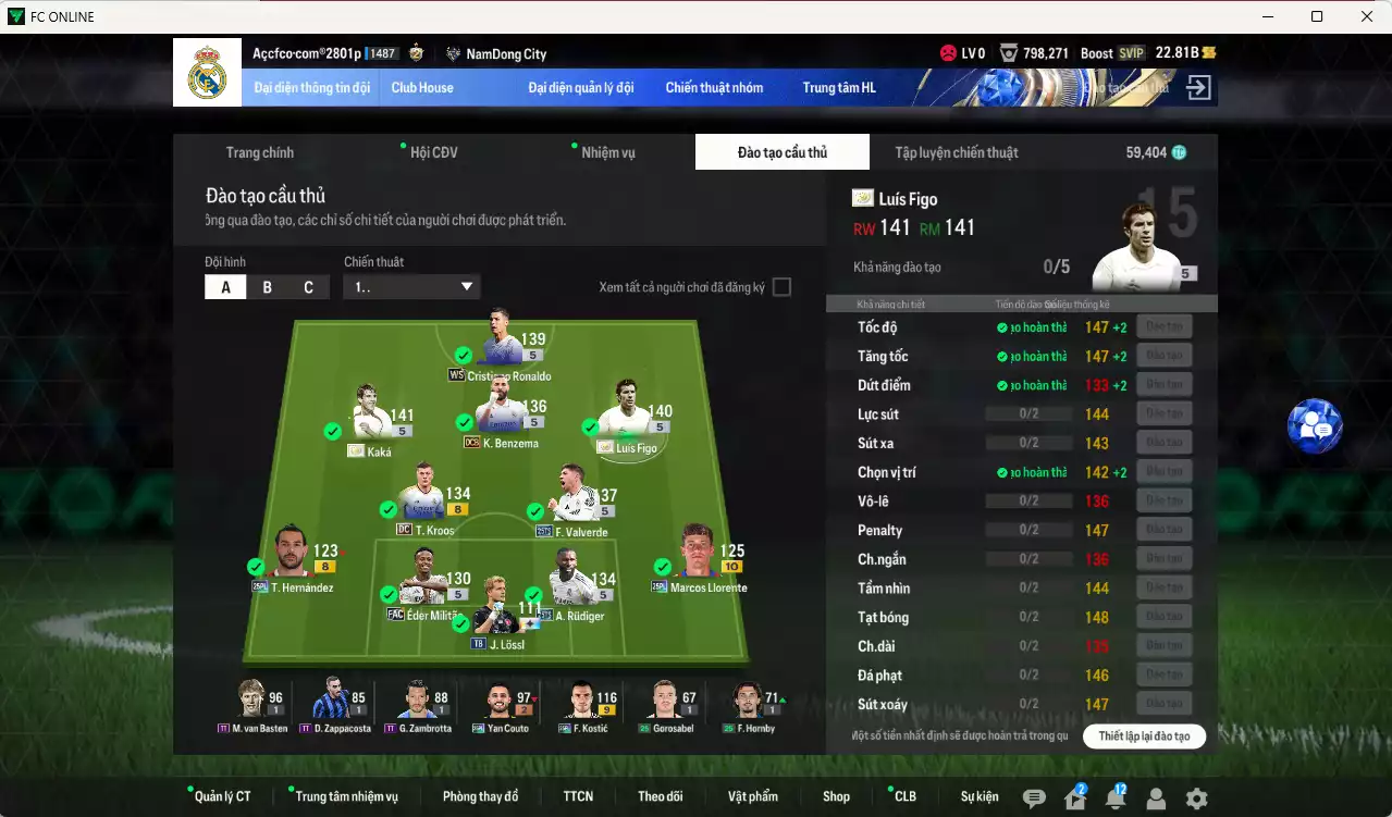 Ảnh Real Madrid 9.172.530b có Figo ITM+5, Kaká ITM+5, CR7 WS, Kroos DC, Valverde 25TS, Rudiger 25TS, Benzema DCB, Theo 25PL, Llorente 25PL+10... Full miniface, còn nhiều CP GIẢM THUẾ. HLV Siêu Xịn, đã full đào tạo chiến thuật vs chỉ số ct