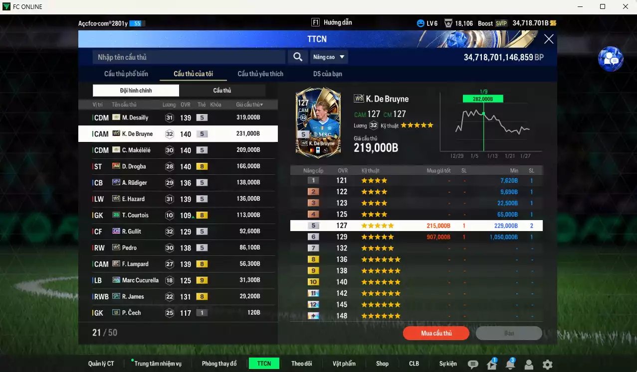 Ảnh Chelsea 1.607.620b có Desailly ITM+5, Makélélé ITM+5, K. De Bruyne WS, Drogba JNM, Hazard WS, Gullit CH, Pedro WS, Rudiger 25TY, Lampard DC... Đã dào tạo chỉ số nhiều cầu thủ