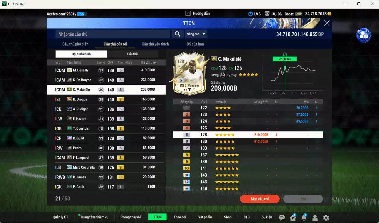 Ảnh Chelsea 1.607.620b có Desailly ITM+5, Makélélé ITM+5, K. De Bruyne WS, Drogba JNM, Hazard WS, Gullit CH, Pedro WS, Rudiger 25TY, Lampard DC... Đã dào tạo chỉ số nhiều cầu thủ