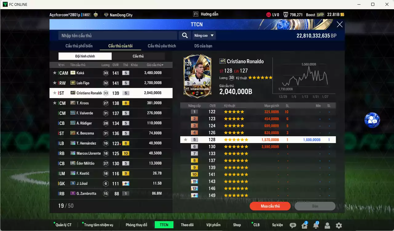 Ảnh Real Madrid 9.172.530b có Figo ITM+5, Kaká ITM+5, CR7 WS, Kroos DC, Valverde 25TS, Rudiger 25TS, Benzema DCB, Theo 25PL, Llorente 25PL+10... Full miniface, còn nhiều CP GIẢM THUẾ. HLV Siêu Xịn, đã full đào tạo chiến thuật vs chỉ số ct