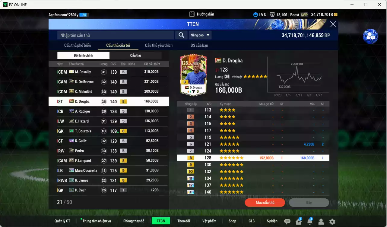 Ảnh Chelsea 1.607.620b có Desailly ITM+5, Makélélé ITM+5, K. De Bruyne WS, Drogba JNM, Hazard WS, Gullit CH, Pedro WS, Rudiger 25TY, Lampard DC... Đã dào tạo chỉ số nhiều cầu thủ