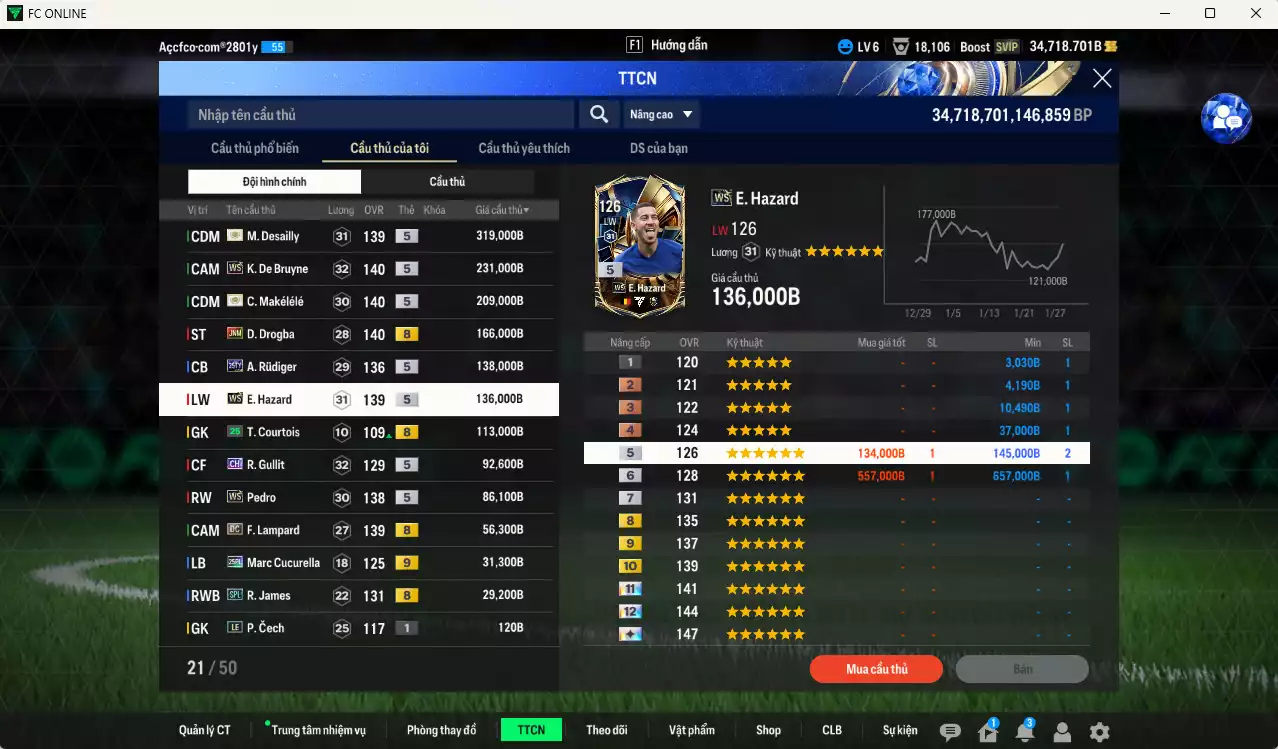 Ảnh Chelsea 1.607.620b có Desailly ITM+5, Makélélé ITM+5, K. De Bruyne WS, Drogba JNM, Hazard WS, Gullit CH, Pedro WS, Rudiger 25TY, Lampard DC... Đã dào tạo chỉ số nhiều cầu thủ