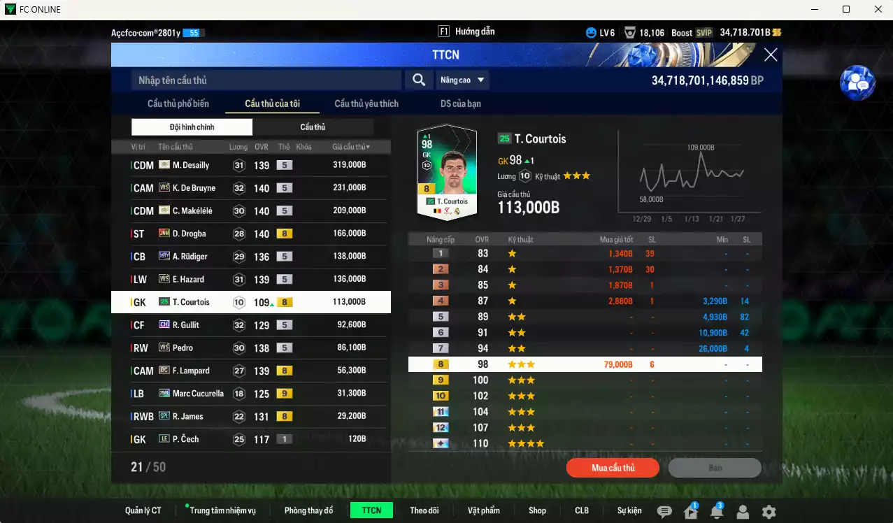 Ảnh Chelsea 1.607.620b có Desailly ITM+5, Makélélé ITM+5, K. De Bruyne WS, Drogba JNM, Hazard WS, Gullit CH, Pedro WS, Rudiger 25TY, Lampard DC... Đã dào tạo chỉ số nhiều cầu thủ