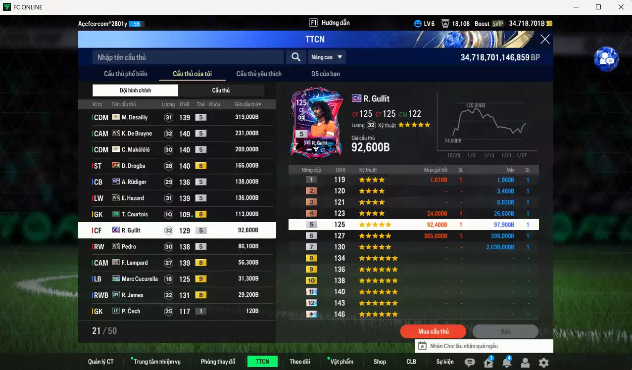 Ảnh Chelsea 1.607.620b có Desailly ITM+5, Makélélé ITM+5, K. De Bruyne WS, Drogba JNM, Hazard WS, Gullit CH, Pedro WS, Rudiger 25TY, Lampard DC... Đã dào tạo chỉ số nhiều cầu thủ