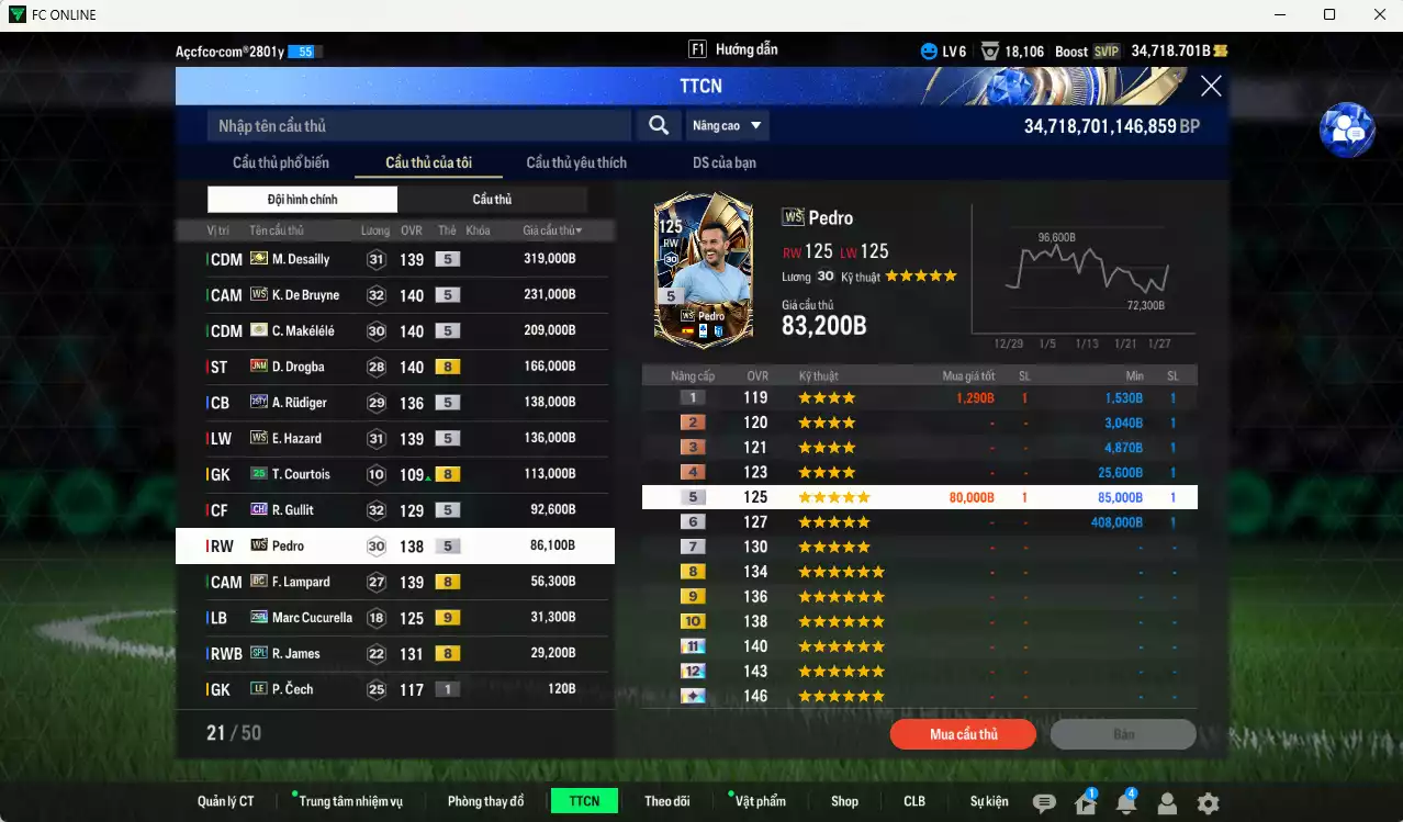 Ảnh Chelsea 1.607.620b có Desailly ITM+5, Makélélé ITM+5, K. De Bruyne WS, Drogba JNM, Hazard WS, Gullit CH, Pedro WS, Rudiger 25TY, Lampard DC... Đã dào tạo chỉ số nhiều cầu thủ