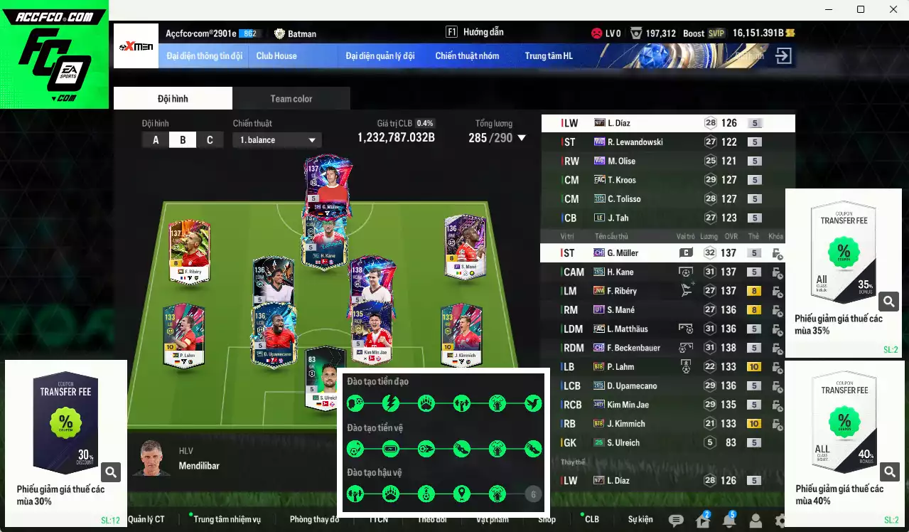 Bayern Munich 1.232.780b có Kane 25TS, Matthaus FAC, Beckenbauer CH, Upamecano 25TS, Mané UT, G. Muller CH, Kimmich BTB+10, Lahm BTB+10, Ribéry JNM, Kim Min Jae 24TY...  Full miniface, HLV Xịn, gần full đào tạo chiến thuật