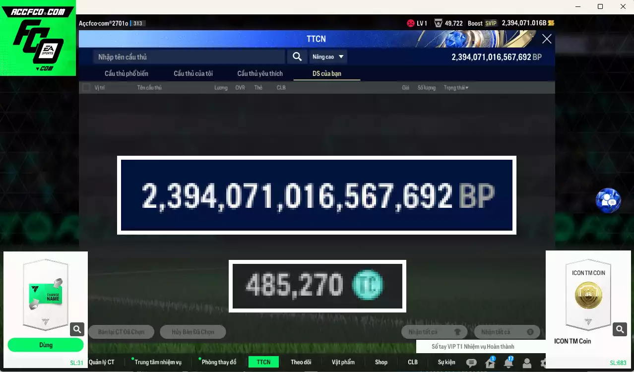 ACC 2394071b trắng, có thẻ đổi tên. HLV Xịn, dư 480k TC