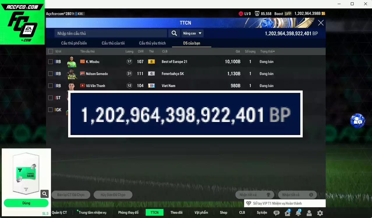 ACC 1202964b trắng, có thẻ đổi tên, full miniface.HLV Siêu Xịn