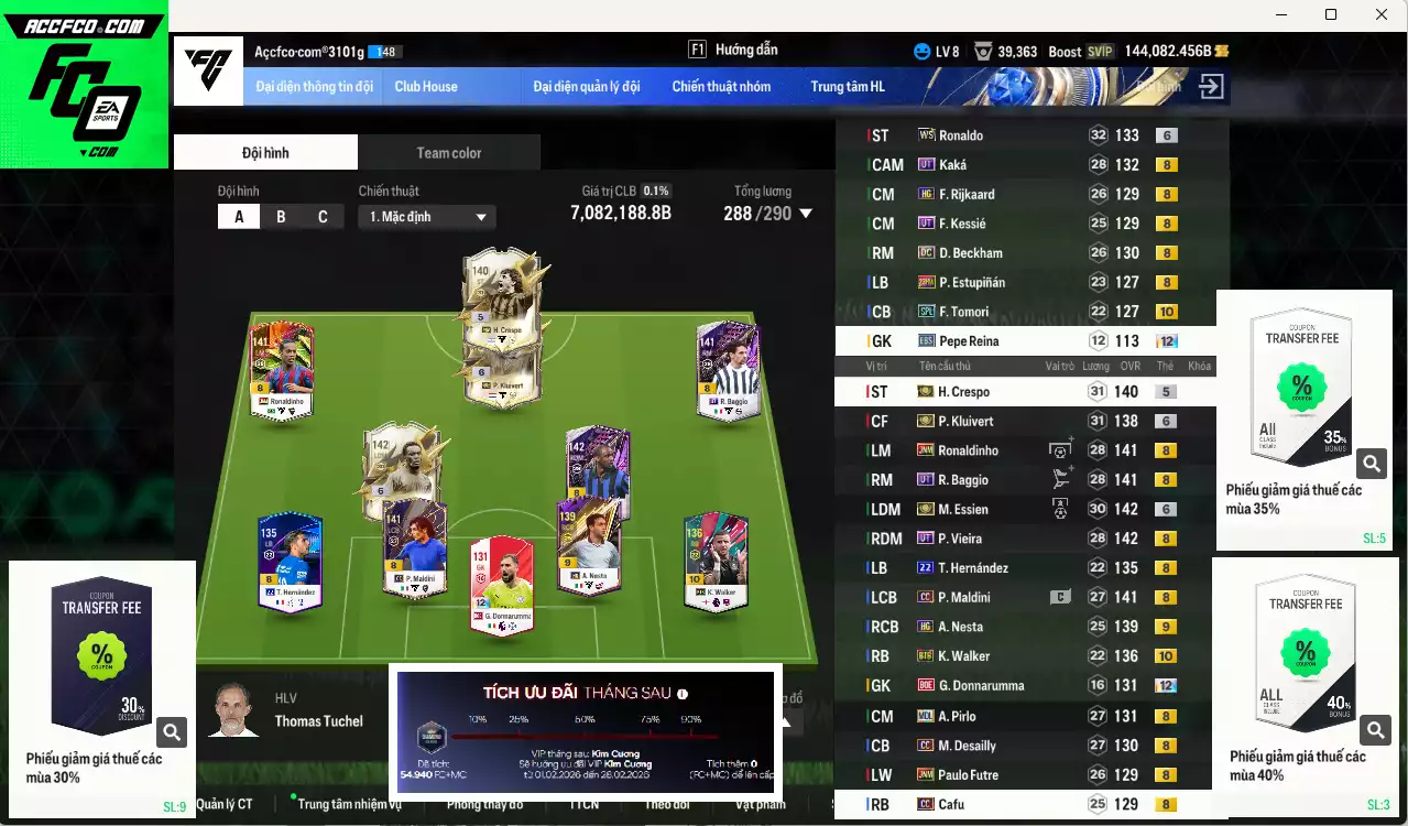 AC Milan 7.082.180b dư 140kb có Baggio UT, Kaká UT, Essien ITM+6, Kluivert ITM+6, Crespo ITM+5, Ronaldo WS+6, Vieira UT, Ronaldinho JNM, Theo 22UCL, Walker BTB+10, Donnarumma BOE+12, Beckham DC... HLV Xịn, đã đào tạo full chỉ số nhiều ct. VIP KC Tháng 2