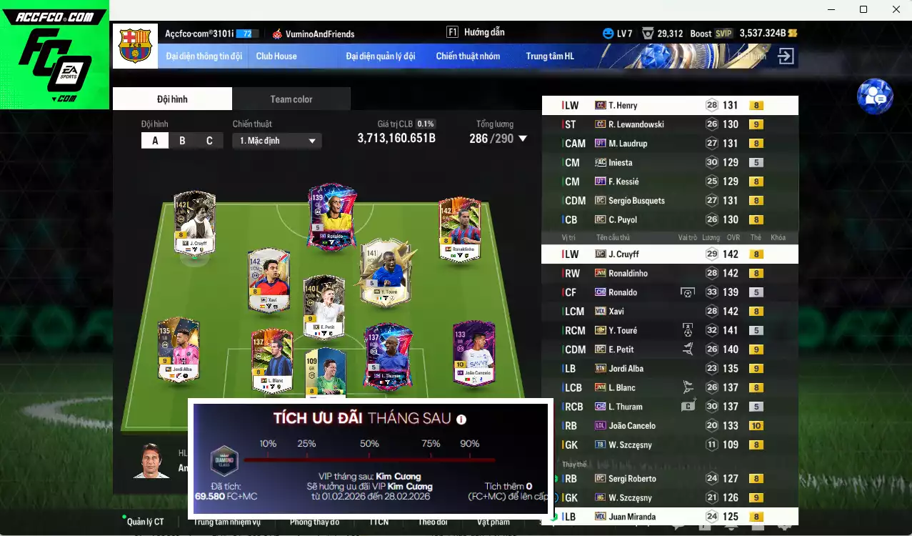 Barcelona 3.713.160b có Y. Touré ITM+5, Ronaldinho JNM, Cruyff DC, Xavi MDL, Ronaldo CH, Petit DC+9, Cancelo LOL+10, Lewandowski CC+9, Henry CC, M. Laudrup UT, Busquets DC, Iniesta FAC, Thuram CH... HLV Xịn, đã đào tạo chỉ số nhiều cầu thủ. VIP KC Tháng 2