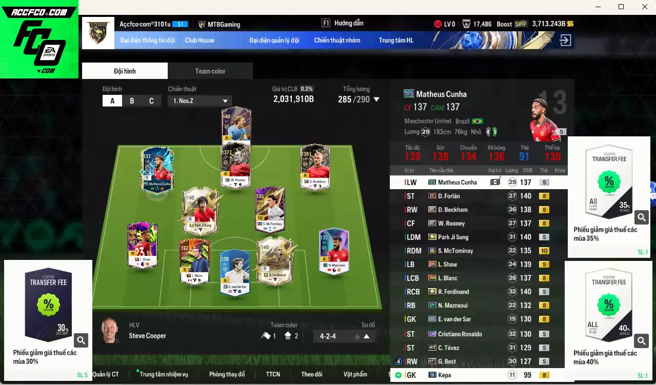Man Utd. 2.031.910b có Ferdinand ITM+5, Park ITM+5, Shaw 23HW+9, Beckham DC, CR7 CH, Cunha 25TS, Forlán CC, Rooney DC, Tévez WS, McTominay HG+10, Best No.7, Blanc JNM, Mazraoui SPL...