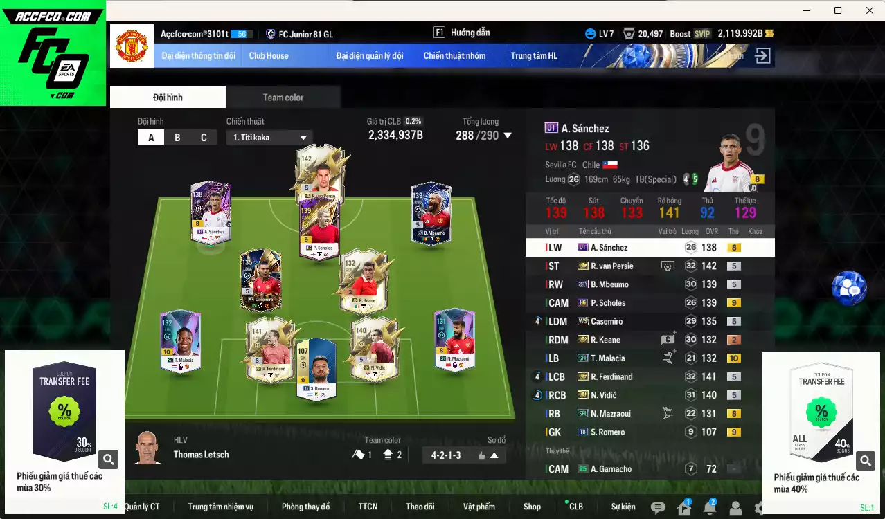 Man Utd. 2.334.930b có Van Persie ITM+5, Ferdinand ITM+5, Vidic ITM+5, Mbeumo 26TY, Scholes HG+9, Casemiro WS, A. Sánchez UT, Malacia SPL+10, Mazraoui SPL, Keane ITM... HLV Xịn, đã đào tạo chỉ số nhiều ct