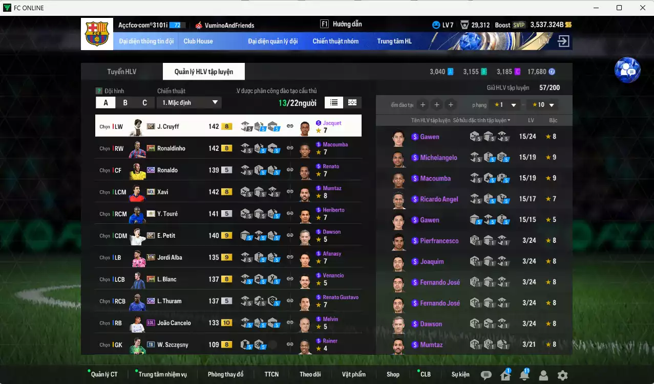 Ảnh Barcelona 3.713.160b có Y. Touré ITM+5, Ronaldinho JNM, Cruyff DC, Xavi MDL, Ronaldo CH, Petit DC+9, Cancelo LOL+10, Lewandowski CC+9, Henry CC, M. Laudrup UT, Busquets DC, Iniesta FAC, Thuram CH... HLV Xịn, đã đào tạo chỉ số nhiều cầu thủ. VIP KC Tháng 2