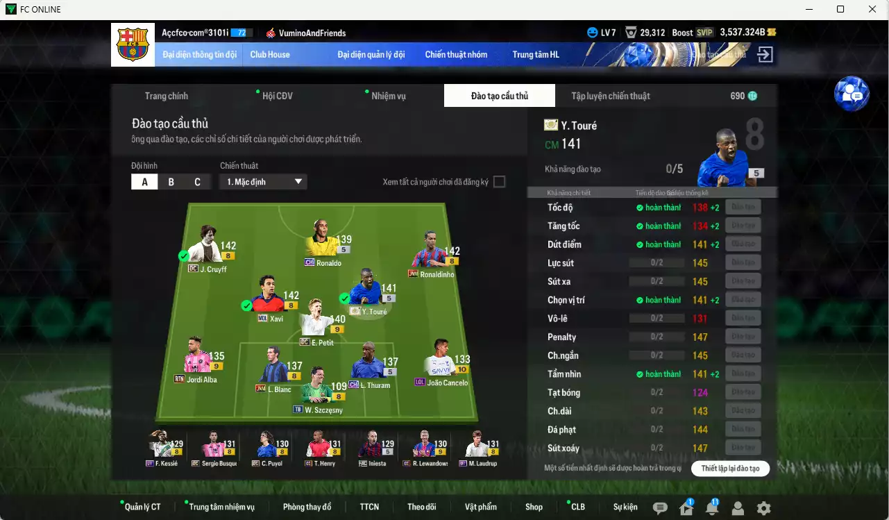 Ảnh Barcelona 3.713.160b có Y. Touré ITM+5, Ronaldinho JNM, Cruyff DC, Xavi MDL, Ronaldo CH, Petit DC+9, Cancelo LOL+10, Lewandowski CC+9, Henry CC, M. Laudrup UT, Busquets DC, Iniesta FAC, Thuram CH... HLV Xịn, đã đào tạo chỉ số nhiều cầu thủ. VIP KC Tháng 2