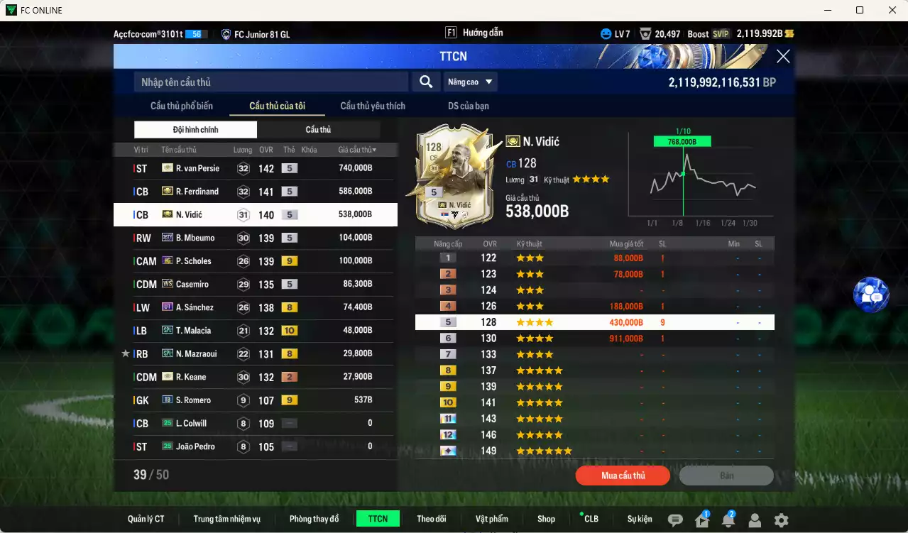 Ảnh Man Utd. 2.334.930b có Van Persie ITM+5, Ferdinand ITM+5, Vidic ITM+5, Mbeumo 26TY, Scholes HG+9, Casemiro WS, A. Sánchez UT, Malacia SPL+10, Mazraoui SPL, Keane ITM... HLV Xịn, đã đào tạo chỉ số nhiều ct