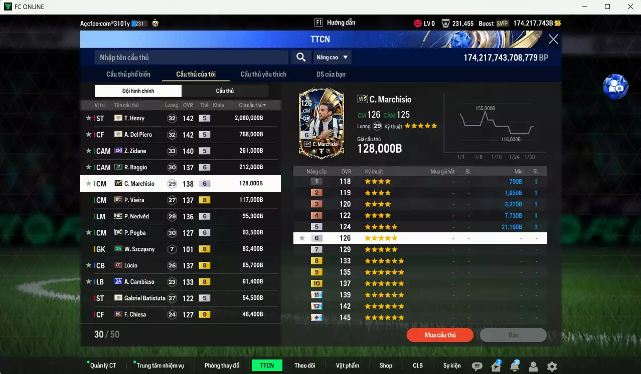 Ảnh [Tặng 1425 coin TM] Juventus 4.147.930b dư 170kb có Henry ITM+5, Del Piero ITM+5, Zidane CH, Vieira DC, Baggio LE+6, Marchiso WS+6, Nedved FAC+6, Pogba FAC+6, Lúcio CC, A. Cambiaso 24UCL, Batistuta ICON, Chiesa HG+9... Full miniface, HLV Siêu Xịn, đã full đào tạo chiến thuật