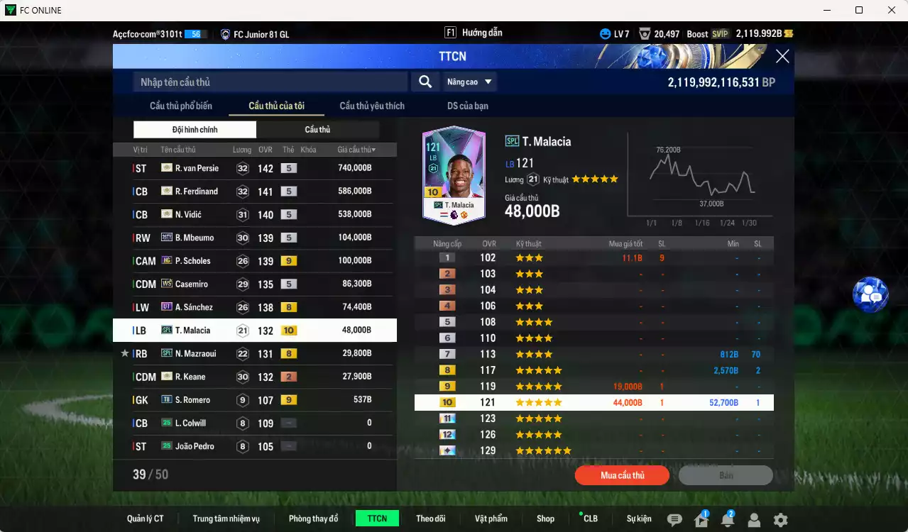 Ảnh Man Utd. 2.334.930b có Van Persie ITM+5, Ferdinand ITM+5, Vidic ITM+5, Mbeumo 26TY, Scholes HG+9, Casemiro WS, A. Sánchez UT, Malacia SPL+10, Mazraoui SPL, Keane ITM... HLV Xịn, đã đào tạo chỉ số nhiều ct