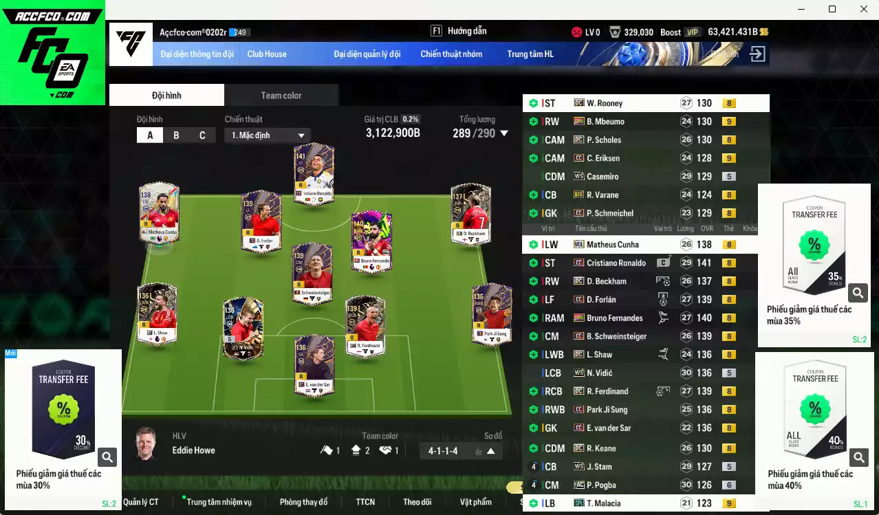 Man Utd. 3.122.90b dư 60kb có CR7 CC+8, Mbeumo 23HW+9, Beckham DC, Bruno 23HW, Forlán CC, Cunha MDL, Varane BTB, Ferdinand DC, Casemiro WS, Rooney DC, Vidic WS, Pogba FAC+6... Full miniface, dư 180k TC. VIP BK Tháng 2