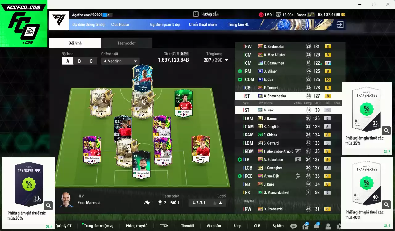 Liverpool 1.637.120b dư 68kb có Dalglish ITM+5, Isak 25TS, Van Dijk 23HW+9, Carragher ITM+5, Barnes ITM+5, Robertson 23HW+9, Szoboszlai 23HW, Arnold 23HW, Gerrard FAC, Chiesa FC... Dư 190k TC