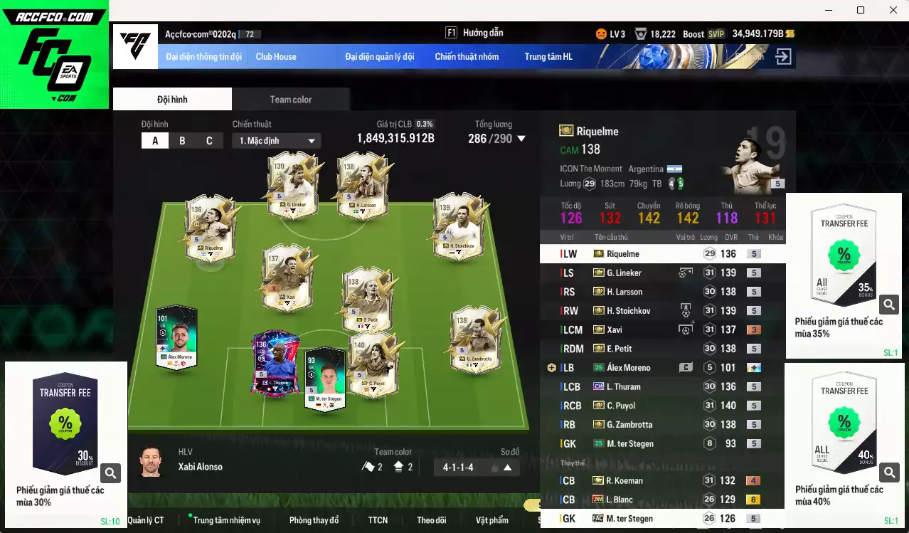 Barcelona ITM+5 1.849.315b có Puyol, Petit, Zambrotta, Lineker, Stoichkov, Larsson, Requelme, Xavi +3, Koeman+4, Thuram CH, Blanc JNM... HLV tạm, đã đào tạo chỉ số nhiều cầu thủ. VIP BK Tháng 2