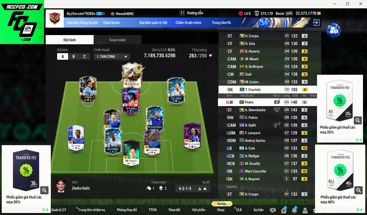Chelsea 7.189.730b có Sheva ITM+5, Crespo ITM+5, Essien ITM+5, Gullit CH+6, Pedro WS+6, Rudiger 25TS+6, Pulisic 25TS+6, Zola ITM+5, Andrey Santos 25TS, Cucurella LOL+10, A. Cole CFA+10... Còn nhiều CP GIẢM THUẾ, HLV Xịn