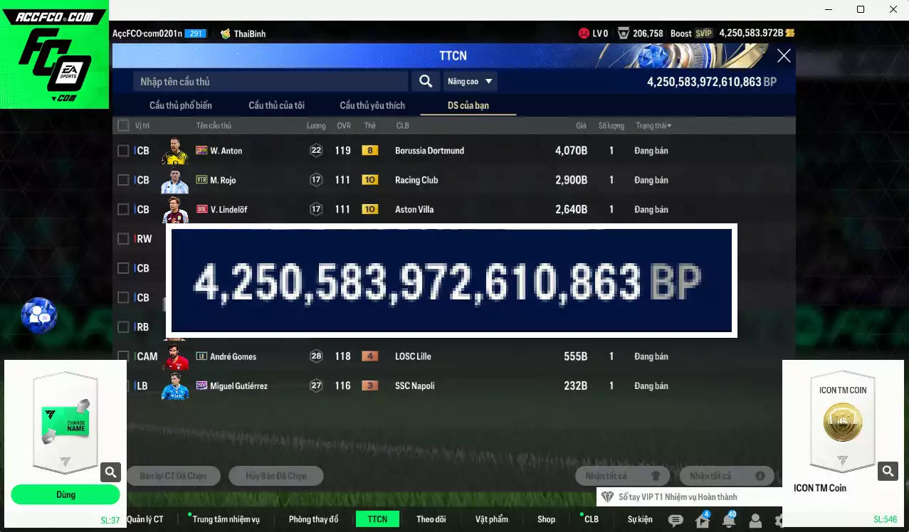 ACC 4250583b trắng, có thẻ đổi tên, full miniface, còn nhiều CP GIẢM THUẾ. HLV Xịn, dư 150k TC