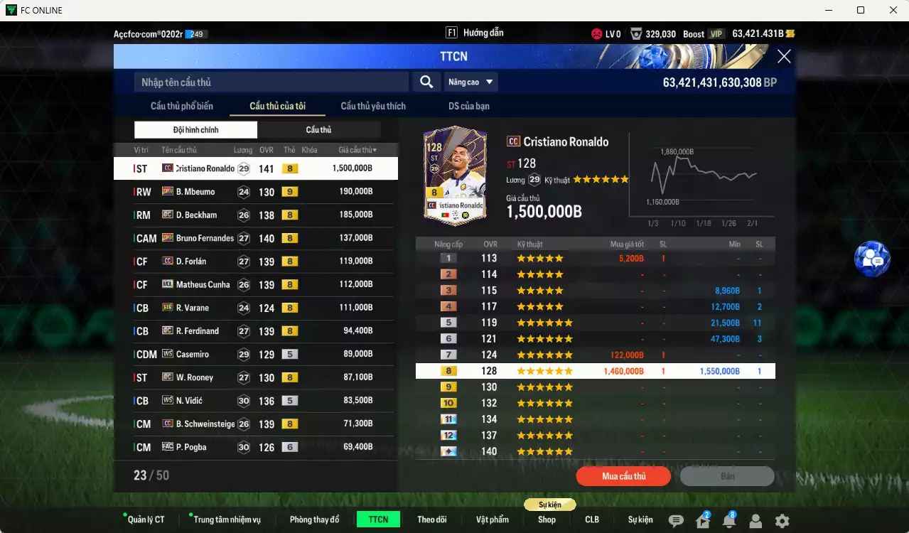 Ảnh Man Utd. 3.122.90b dư 60kb có CR7 CC+8, Mbeumo 23HW+9, Beckham DC, Bruno 23HW, Forlán CC, Cunha MDL, Varane BTB, Ferdinand DC, Casemiro WS, Rooney DC, Vidic WS, Pogba FAC+6... Full miniface, dư 180k TC. VIP BK Tháng 2