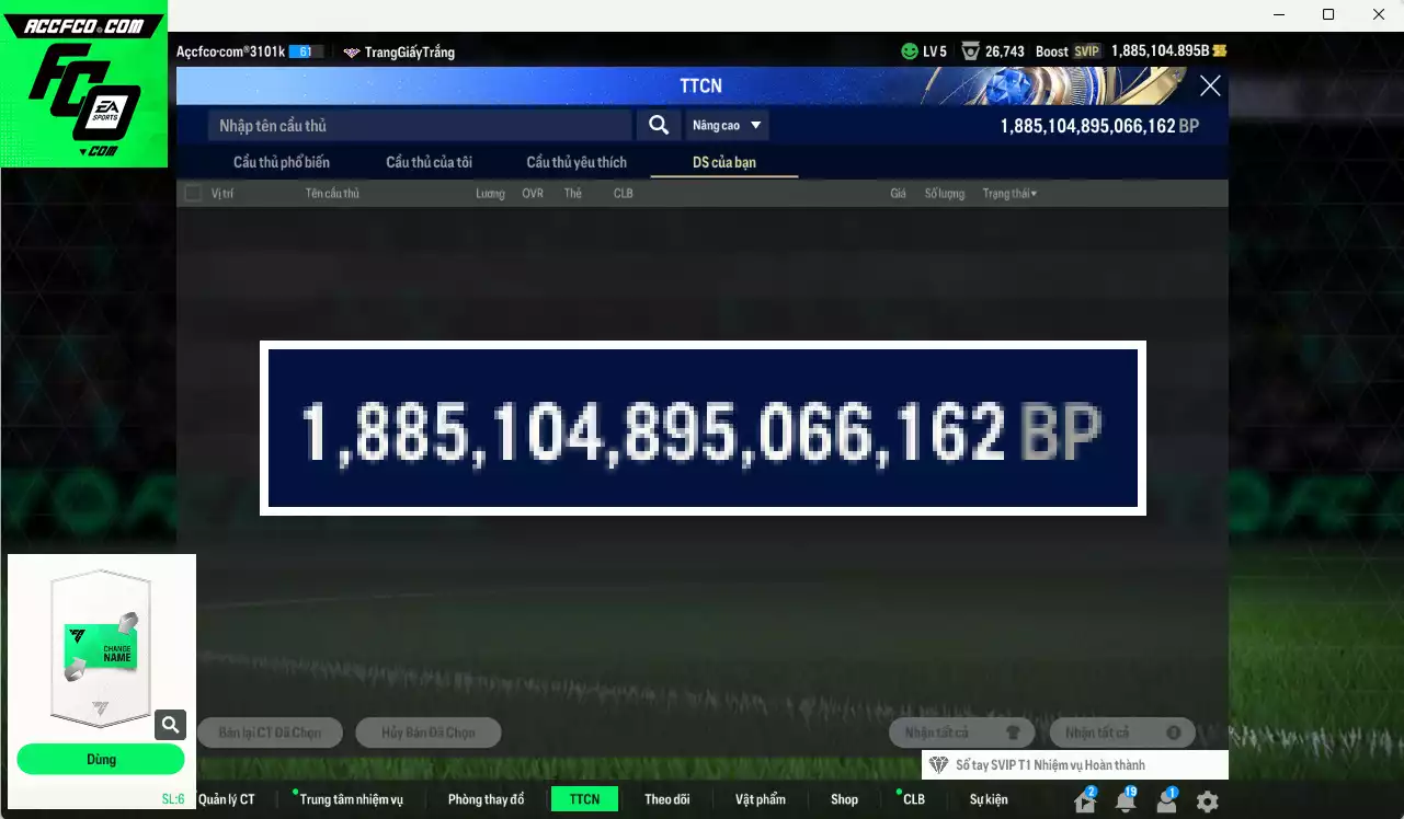 ACC 1885104b trắng, có thẻ đổi tên. Dư 110k TC