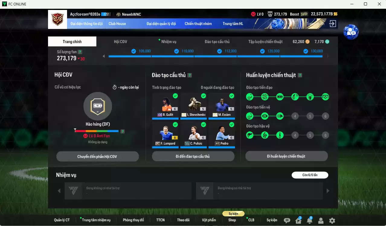 Ảnh Chelsea 7.189.730b có Sheva ITM+5, Crespo ITM+5, Essien ITM+5, Gullit CH+6, Pedro WS+6, Rudiger 25TS+6, Pulisic 25TS+6, Zola ITM+5, Andrey Santos 25TS, Cucurella LOL+10, A. Cole CFA+10... Còn nhiều CP GIẢM THUẾ, HLV Xịn