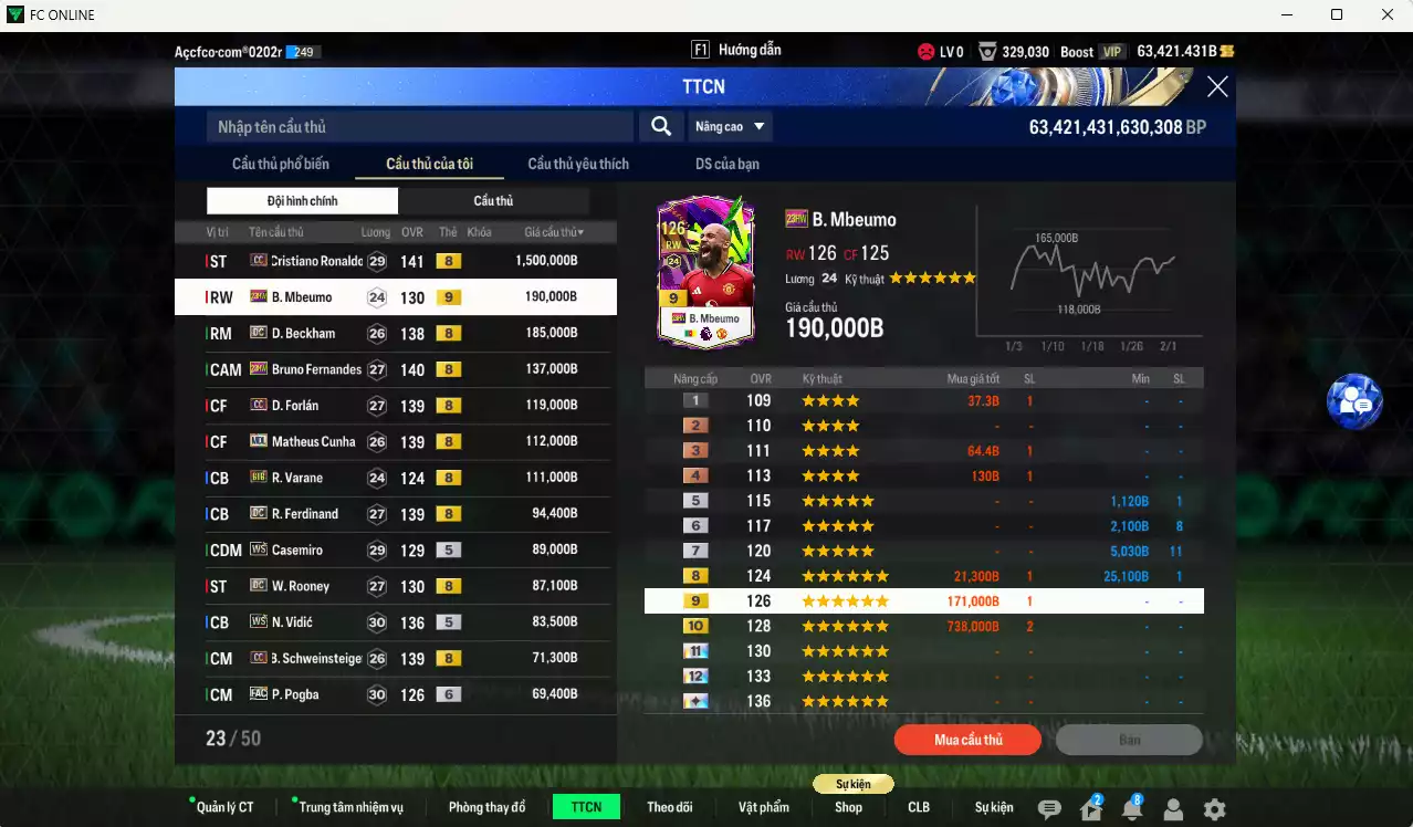 Ảnh Man Utd. 3.122.90b dư 60kb có CR7 CC+8, Mbeumo 23HW+9, Beckham DC, Bruno 23HW, Forlán CC, Cunha MDL, Varane BTB, Ferdinand DC, Casemiro WS, Rooney DC, Vidic WS, Pogba FAC+6... Full miniface, dư 180k TC. VIP BK Tháng 2