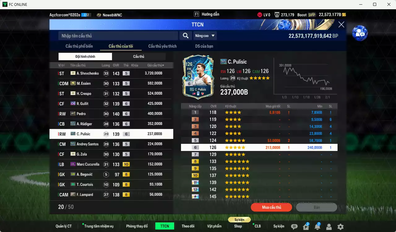 Ảnh Chelsea 7.189.730b có Sheva ITM+5, Crespo ITM+5, Essien ITM+5, Gullit CH+6, Pedro WS+6, Rudiger 25TS+6, Pulisic 25TS+6, Zola ITM+5, Andrey Santos 25TS, Cucurella LOL+10, A. Cole CFA+10... Còn nhiều CP GIẢM THUẾ, HLV Xịn