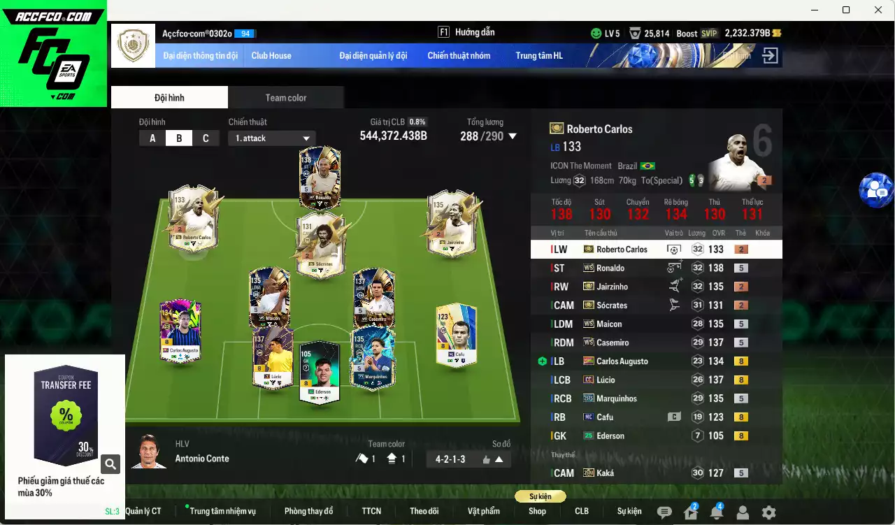 Brazil 544.370b có Ronaldo WS, Casemiro WS, Maicon WS, Lúcio CC, Carlos ITM+2, Jairzinho ITM+2, Kaká 25IM, Marquinhos 25TS, Sócrates ITM+2... HLV Xịn, dư 200k TC