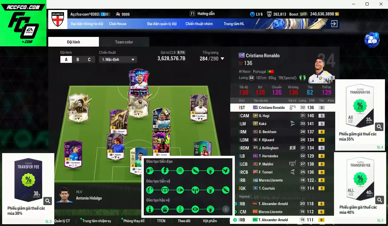 Real Madrid 3.628.570b dư 240kb có Kaká ITM+5, Hagi ITM+5, CR7 CH, Bellingham WS, Beckham CC, Maldini CC... Full miniface, HLV Siêu Xịn, đã gần full đào tạo chiến thuật vs chỉ số cầu thủ