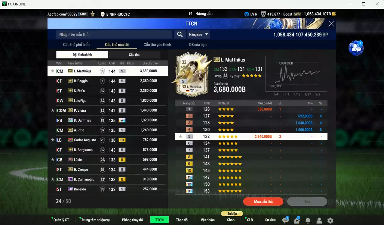 Ảnh [Tặng 1800 FC+MC] Inter Milan 17.801.570b dư 1050kb có Matthaus ITM+5, Baggio ITM+5, Figo ITM+5, Eto ITM+5, Pirlo ITM+5, Bergkamp ITM+5, Vieira ITM+5, Dumfries 25PL+13, Pavard 24UCL(bù), Augusto 23HW+10, Lúcio CC+9, Calhanoglu UT... Full miniface, HLV Siêu Xịn, đã full đào tạo chiến thuật vs chỉ số cầu thủ. VIP BK tháng 2