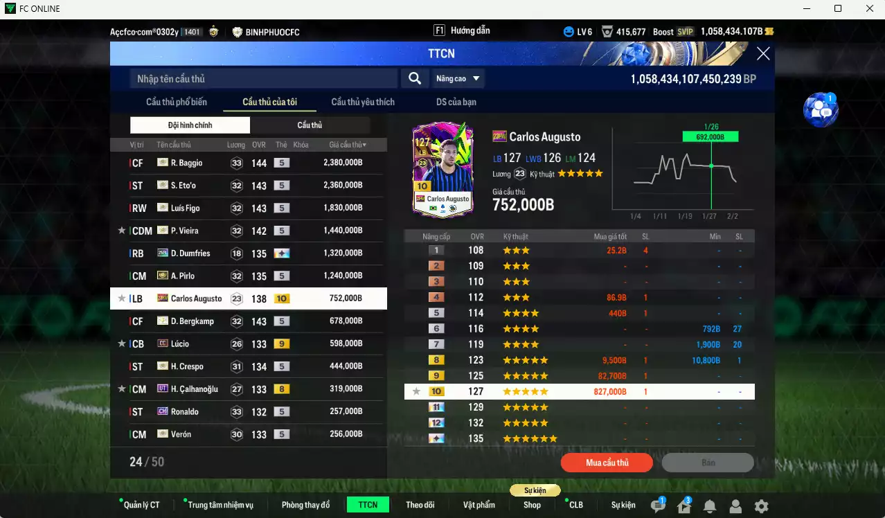 Ảnh [Tặng 1800 FC+MC] Inter Milan 17.801.570b dư 1050kb có Matthaus ITM+5, Baggio ITM+5, Figo ITM+5, Eto ITM+5, Pirlo ITM+5, Bergkamp ITM+5, Vieira ITM+5, Dumfries 25PL+13, Pavard 24UCL(bù), Augusto 23HW+10, Lúcio CC+9, Calhanoglu UT... Full miniface, HLV Siêu Xịn, đã full đào tạo chiến thuật vs chỉ số cầu thủ. VIP BK tháng 2