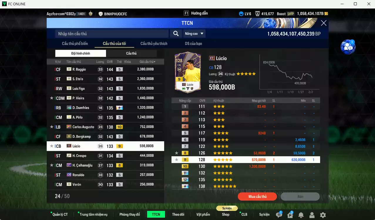 Ảnh [Tặng 1800 FC+MC] Inter Milan 17.801.570b dư 1050kb có Matthaus ITM+5, Baggio ITM+5, Figo ITM+5, Eto ITM+5, Pirlo ITM+5, Bergkamp ITM+5, Vieira ITM+5, Dumfries 25PL+13, Pavard 24UCL(bù), Augusto 23HW+10, Lúcio CC+9, Calhanoglu UT... Full miniface, HLV Siêu Xịn, đã full đào tạo chiến thuật vs chỉ số cầu thủ. VIP BK tháng 2