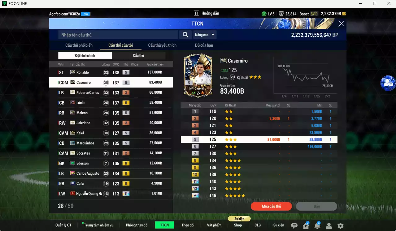 Ảnh Brazil 544.370b có Ronaldo WS, Casemiro WS, Maicon WS, Lúcio CC, Carlos ITM+2, Jairzinho ITM+2, Kaká 25IM, Marquinhos 25TS, Sócrates ITM+2... HLV Xịn, dư 200k TC