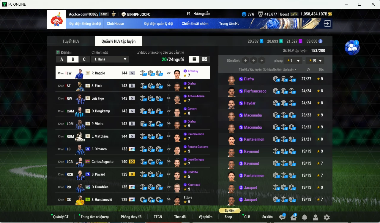 Ảnh [Tặng 1800 FC+MC] Inter Milan 17.801.570b dư 1050kb có Matthaus ITM+5, Baggio ITM+5, Figo ITM+5, Eto ITM+5, Pirlo ITM+5, Bergkamp ITM+5, Vieira ITM+5, Dumfries 25PL+13, Pavard 24UCL(bù), Augusto 23HW+10, Lúcio CC+9, Calhanoglu UT... Full miniface, HLV Siêu Xịn, đã full đào tạo chiến thuật vs chỉ số cầu thủ. VIP BK tháng 2
