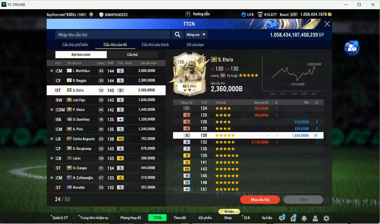 Ảnh [Tặng 1800 FC+MC] Inter Milan 17.801.570b dư 1050kb có Matthaus ITM+5, Baggio ITM+5, Figo ITM+5, Eto ITM+5, Pirlo ITM+5, Bergkamp ITM+5, Vieira ITM+5, Dumfries 25PL+13, Pavard 24UCL(bù), Augusto 23HW+10, Lúcio CC+9, Calhanoglu UT... Full miniface, HLV Siêu Xịn, đã full đào tạo chiến thuật vs chỉ số cầu thủ. VIP BK tháng 2