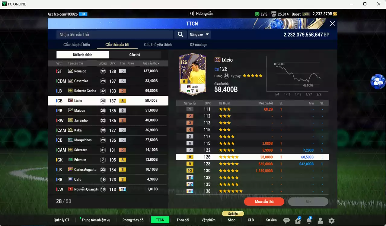 Ảnh Brazil 544.370b có Ronaldo WS, Casemiro WS, Maicon WS, Lúcio CC, Carlos ITM+2, Jairzinho ITM+2, Kaká 25IM, Marquinhos 25TS, Sócrates ITM+2... HLV Xịn, dư 200k TC