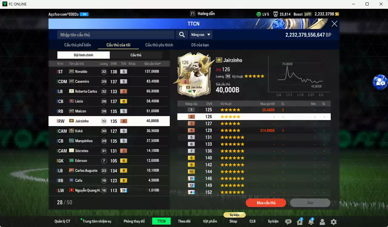 Ảnh Brazil 544.370b có Ronaldo WS, Casemiro WS, Maicon WS, Lúcio CC, Carlos ITM+2, Jairzinho ITM+2, Kaká 25IM, Marquinhos 25TS, Sócrates ITM+2... HLV Xịn, dư 200k TC