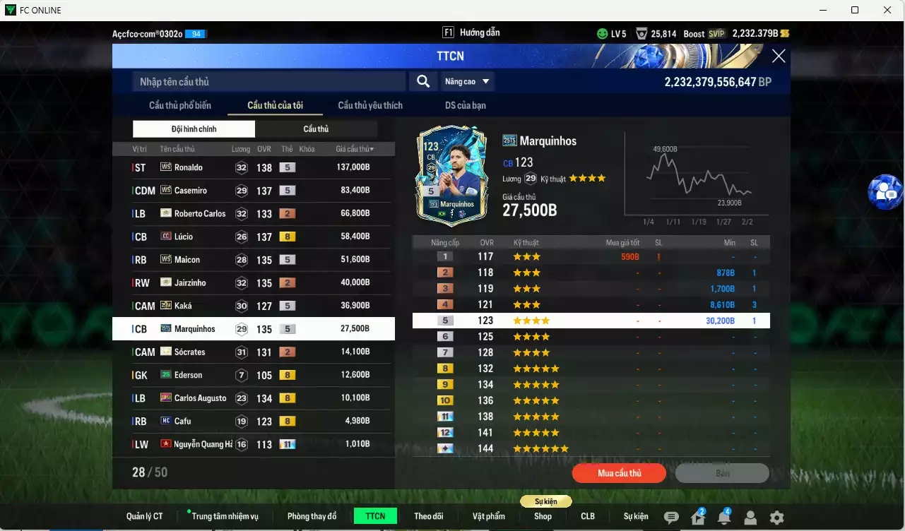 Ảnh Brazil 544.370b có Ronaldo WS, Casemiro WS, Maicon WS, Lúcio CC, Carlos ITM+2, Jairzinho ITM+2, Kaká 25IM, Marquinhos 25TS, Sócrates ITM+2... HLV Xịn, dư 200k TC