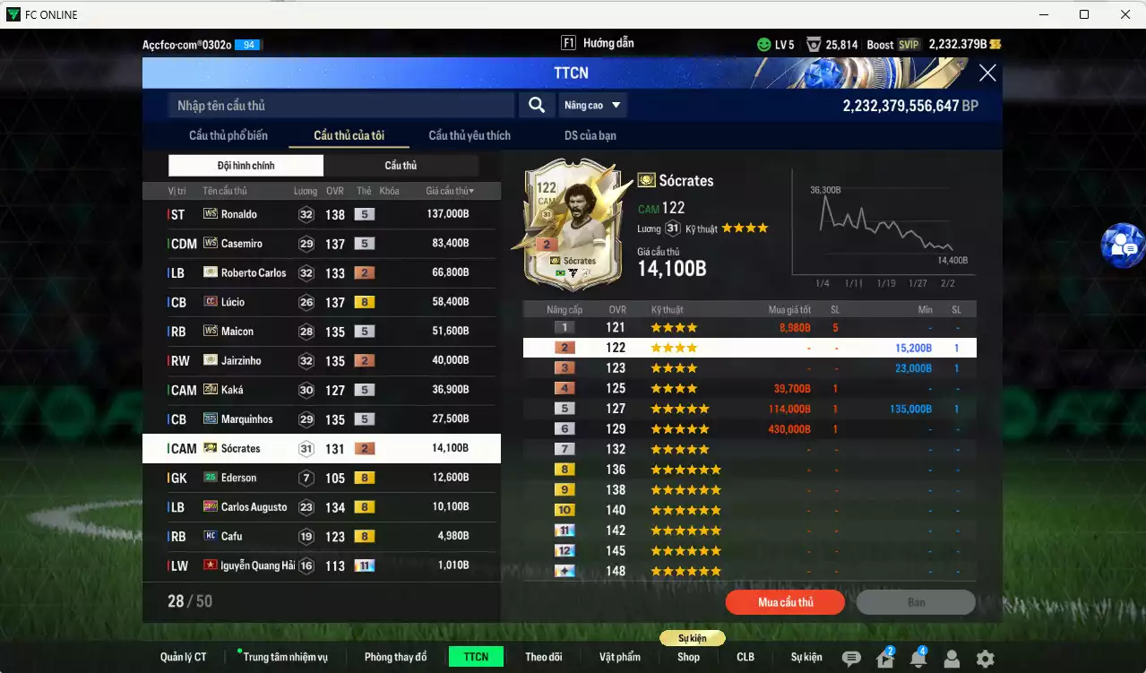 Ảnh Brazil 544.370b có Ronaldo WS, Casemiro WS, Maicon WS, Lúcio CC, Carlos ITM+2, Jairzinho ITM+2, Kaká 25IM, Marquinhos 25TS, Sócrates ITM+2... HLV Xịn, dư 200k TC