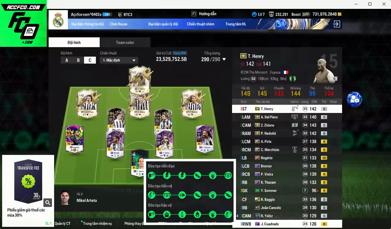 [Hạng 906, Dư nhiều BP] Juventus 23.529.750b dư 730kb có Zidane ITM+5, Nedved ITM+6, Baggio ITM+5, Henry ITM+5, Del Piero ITM+5, Vieira UT, Cancelo WS+6, Bremer UT, Rogério 23HW+10, Pirlo DC, Yildiz 26TY... HLV Xịn, đã full đào tạo chiến thuật vs chỉ số cầu thủ. VIP KC Tháng 2