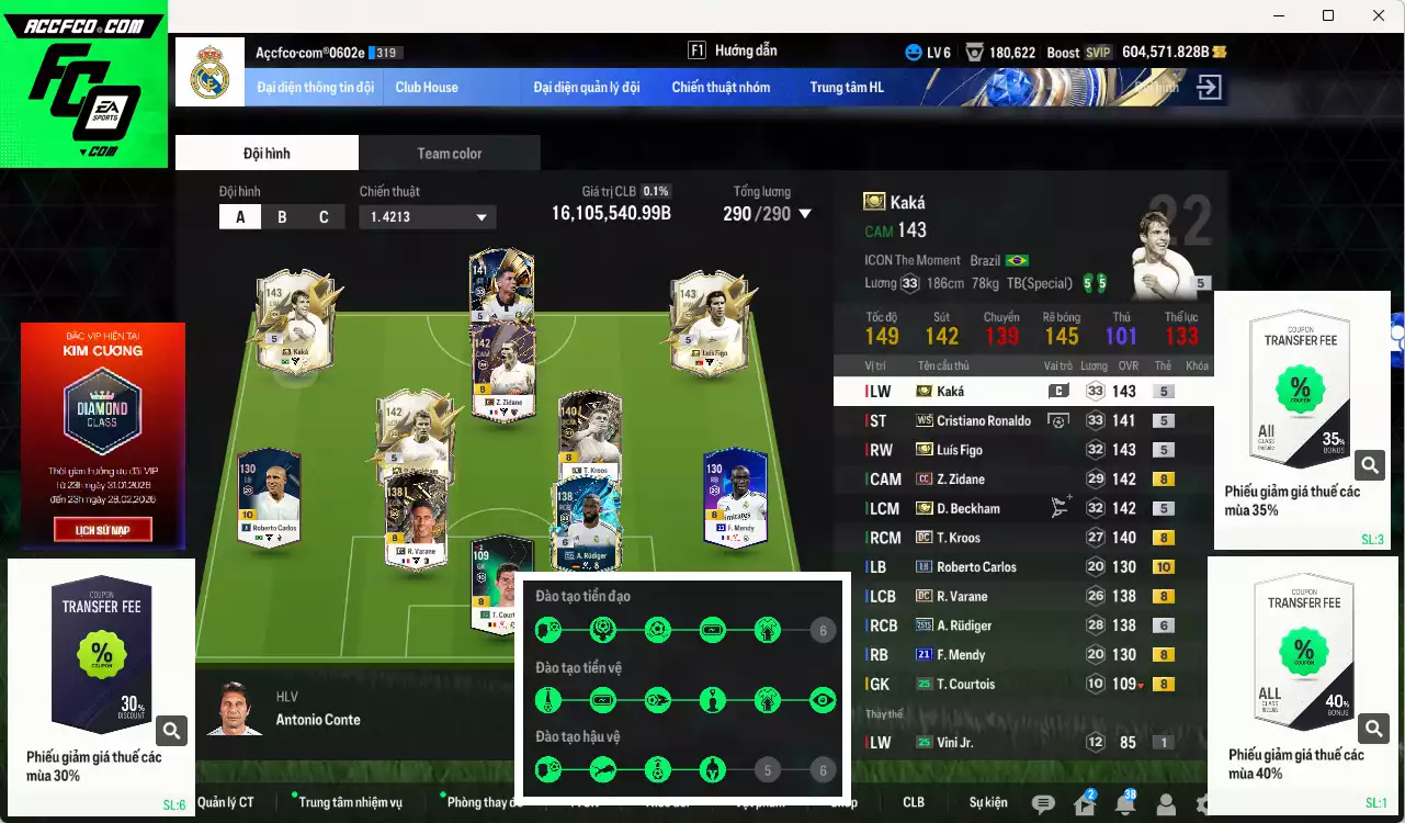 [Dư nhiều BP,  Chưa nạp x8 FC Tết🐎] ] Real Madrid 16.105.540b dư 600kb có Beckham ITM+5, Figo ITM+5, Kaká ITM+5, CR7 WS, Varane DC, Zidane CC, Kroos DC, Rudiger 25TS+6, F. Mendy 21UCL, Carlos LH+10... HLV Xịn, đã full đào tạo chỉ số ct vs gần full đào tạo chiến thuật. VIP KC Tháng 2