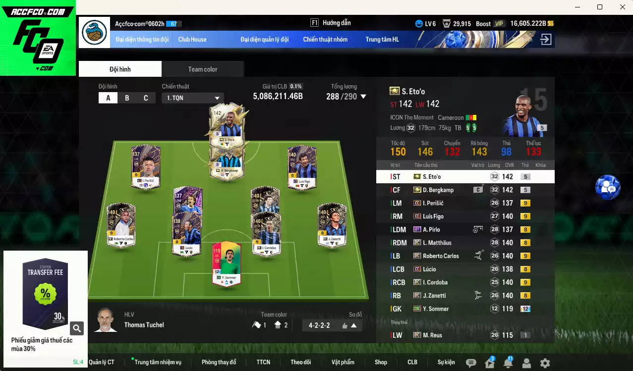 [Chưa nạp x8 FC Tết🐎] Inter Milan 5.086.210b có Eto ITM+5, Bergkamp ITM+5, Matthaus DC, Figo CC+9, Perisic CC+9, Pirlo UT, Carlos DC+9, Cordoba DC+9, Zanetti DC, Lúcio CC, Sommer COC+12. HLV Xịn, VIP BK Tháng 2