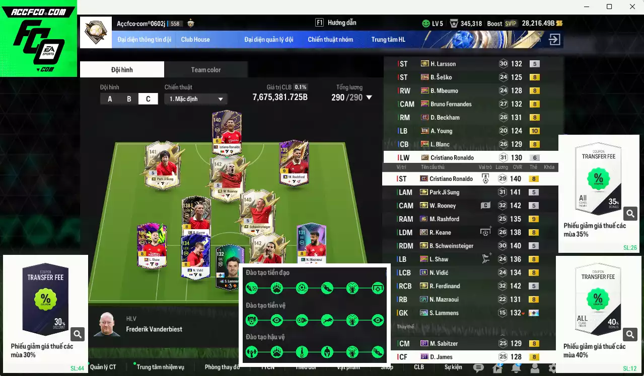 [Chưa nạp x8 FC Tết🐎] Man Utd. 7.675.380b có CR7 CC, Rooney ITM+5, Schweinsteiger ITM+5, Ferdinand ITM+5, Park ITM+5, Lammens 25PL+13 (bù), CR7 BLD+6, Bruno 23HW, Larsson ITM+5, Beckham CC, Young RTN+10, Rashford HG+9, Sesko 21NG... Full miniface, còn nhiều CP GIẢM THUẾ. HLV Siêu Xịn, đã full đào tạo chiến thuật lẫn chỉ số cầu thủ