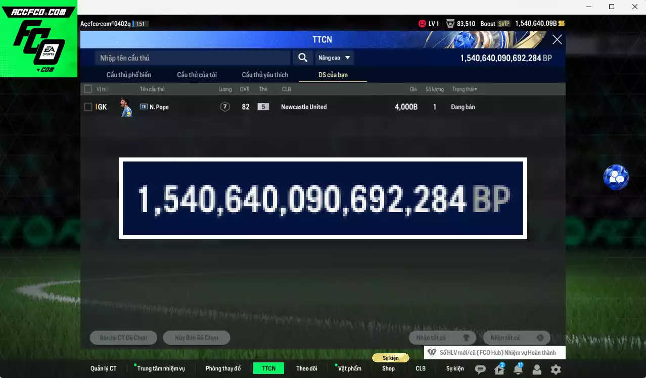 ACC 1540640b trắng, có thẻ đổi tên. HLV Xịn, dư 170k TC